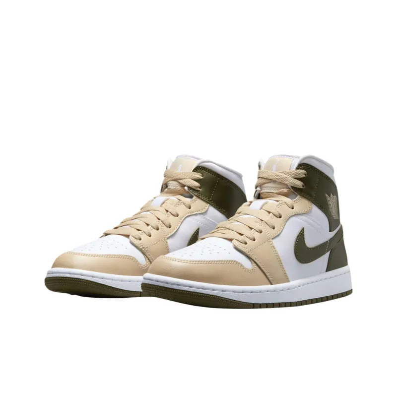 Jordan Air Jordan 1 Anti Slip Wear Resistant Mid Top Vintage Basketball Shoes Women's White Tan Olive Green-2