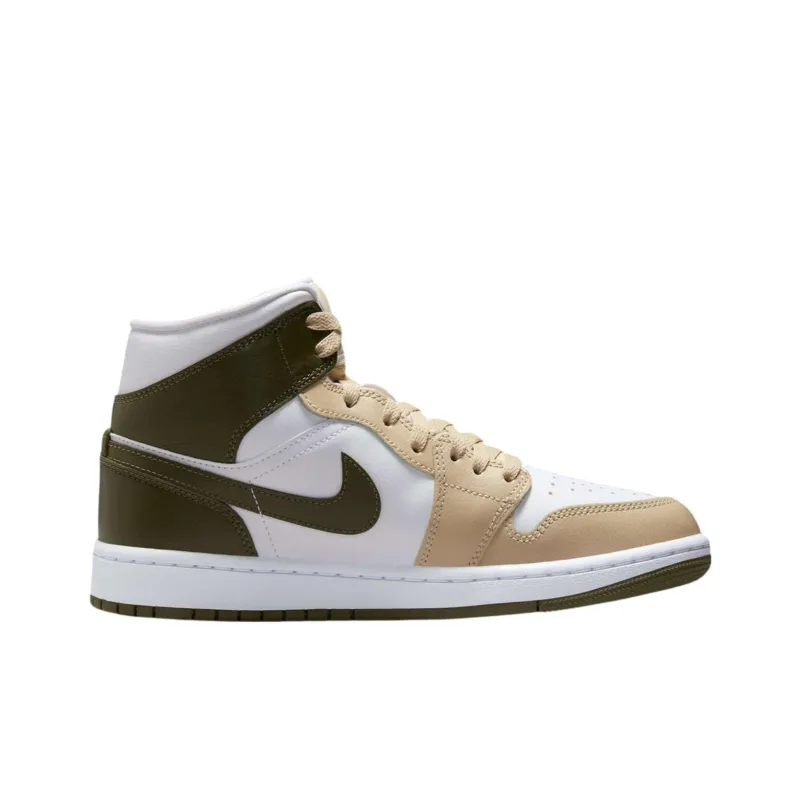 Jordan Air Jordan 1 Anti Slip Wear Resistant Mid Top Vintage Basketball Shoes Women's White Tan Olive Green-1