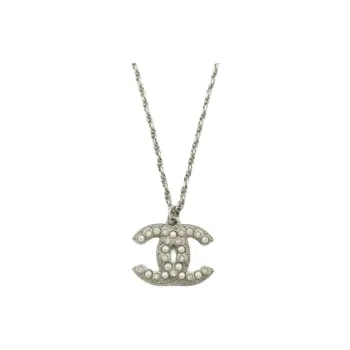 CHANEL Artificial Pearl Crystal Brass Silver-Plated Necklaces Women's Silver