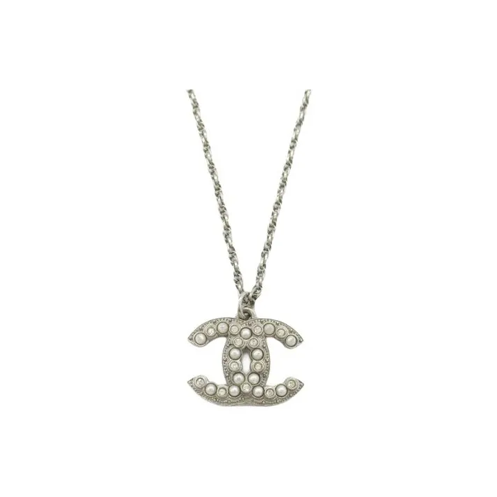 CHANEL Artificial Pearl Crystal Brass Silver-Plated Necklaces Women's Silver-0