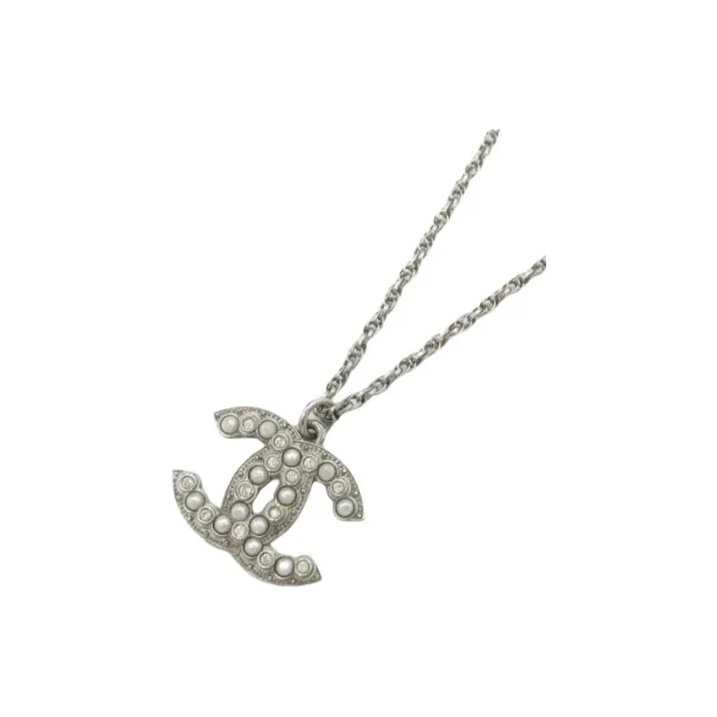 CHANEL Artificial Pearl Crystal Brass Silver-Plated Necklaces Women's Silver-1