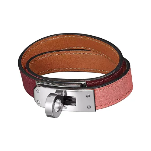HERMES Calfskin Palladium-Plated Wristbands Women's Pink