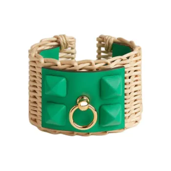 HERMES Leather Willow Wood Gold-Plated Bangles Unisex Green