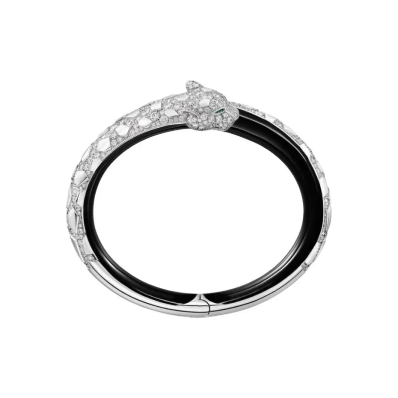 CARTIER 18K White Gold Onyx Emerald Diamond Bangles Unisex Silver-2