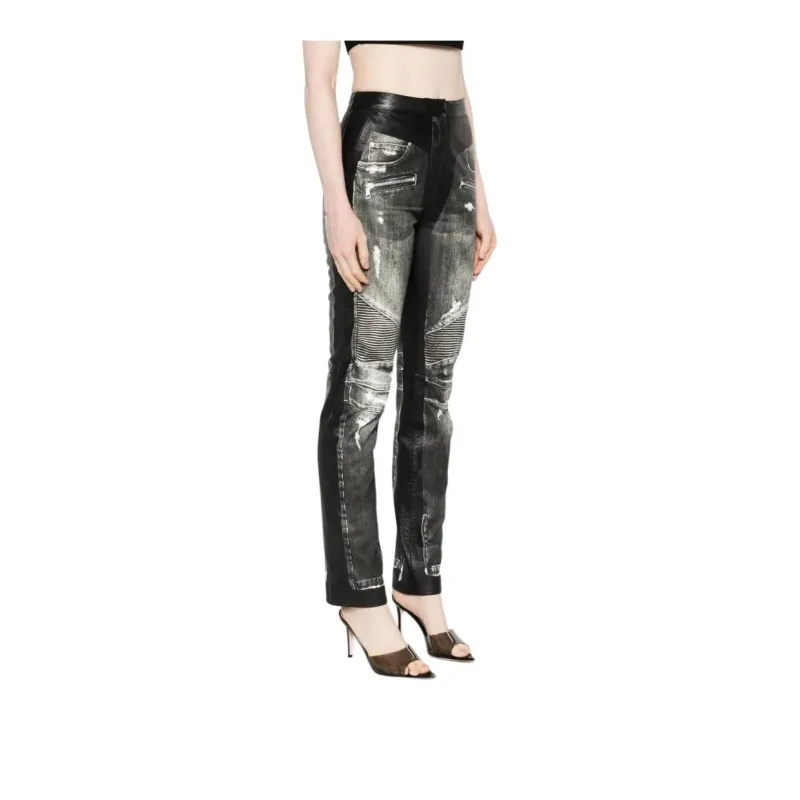 BALMAIN Denim print Leather Trousers-3