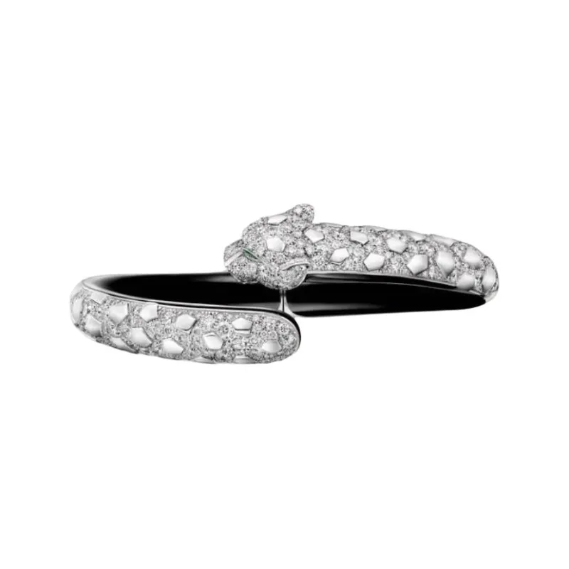 CARTIER 18K White Gold Onyx Emerald Diamond Bangles Unisex Silver-0