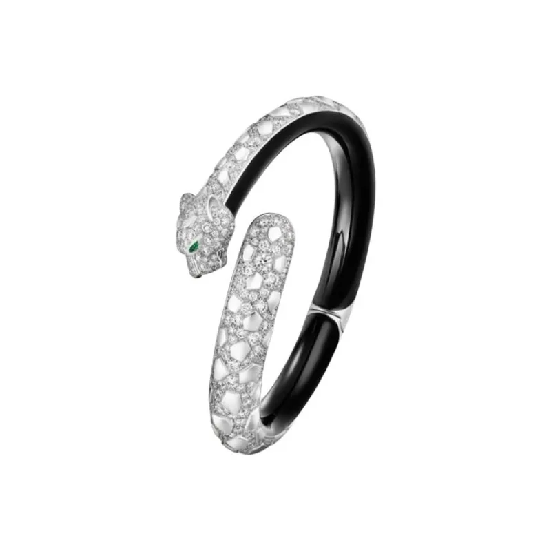CARTIER 18K White Gold Onyx Emerald Diamond Bangles Unisex Silver-1