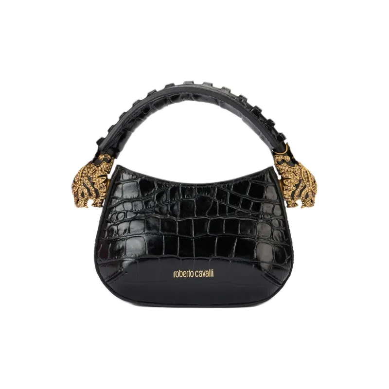 Roberto Cavalli Leather Half Moon Bag Hobo Bag Shoulder Bag Crossbody Bag Handbag Mini Women's Black-0