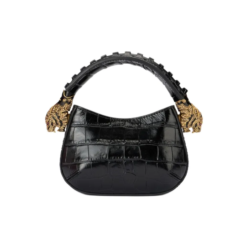 Roberto Cavalli Leather Half Moon Bag Hobo Bag Shoulder Bag Crossbody Bag Handbag Mini Women's Black-2