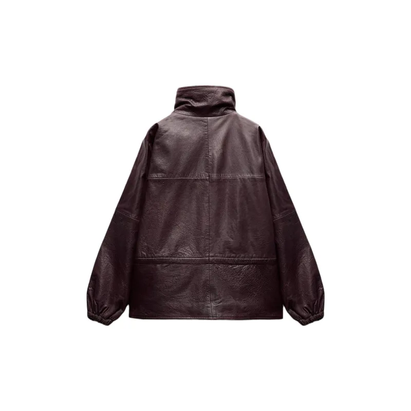 ZARA ZW Series Leather Jacket Women's Burgundy Red-1