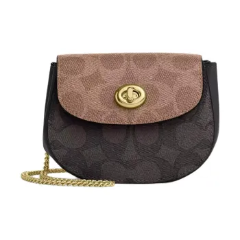 COACH Turnlock Coated Canvas Shoulder Bag Mini Women's Gold & Peachwood & Tan