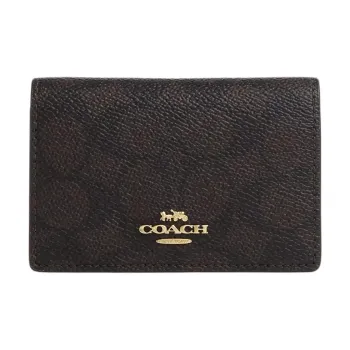 COACH Signature Coated Canvas Card Holder Mini Women's Walnut Wood With Black Accents