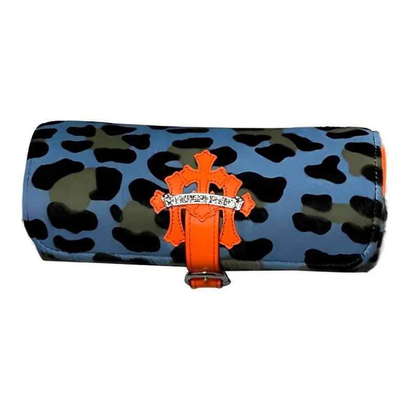 Chrome Hearts Calf Hair Patchwork Leather Watch Box Jewelry Box Storage Bag Unisex Leopard Blue Multicolor With Orange-1