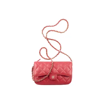 CHANEL Sheepskin With Gold Metal Crossbody Bag Women's Red