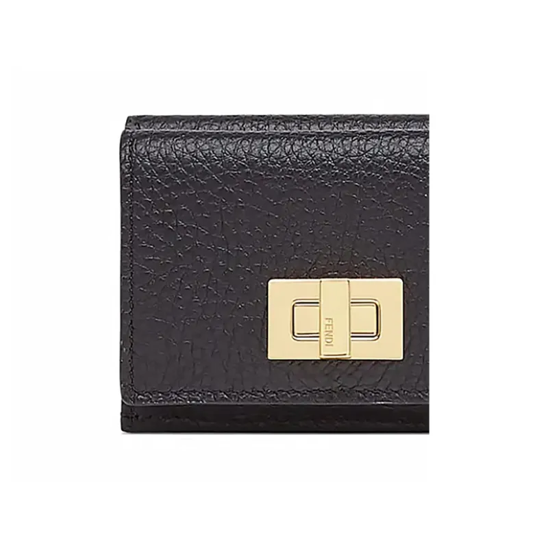 FENDI Litchi Grain Leather Cow Leather Sheepskin Tri-Fold Cropped Wallet Card Holder With Money Clip Women's Black-4