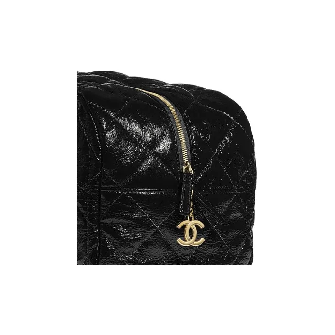 CHANEL Shiny Crinkle Calfskin One Shoulder Handbag Tubas Women's Black-4