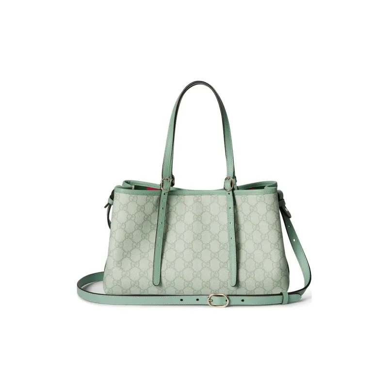 GUCCI GG Emblem Leather Tote Bag, Shopping Bag, Shoulder Bag, Crossbody Bag, Handbag Trumpets Women's Gray Green-1