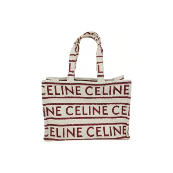 CELINE Cotton Tote Bag Shopping Bag Handbag Shoulder Bag Large Size Women's Red & Beige