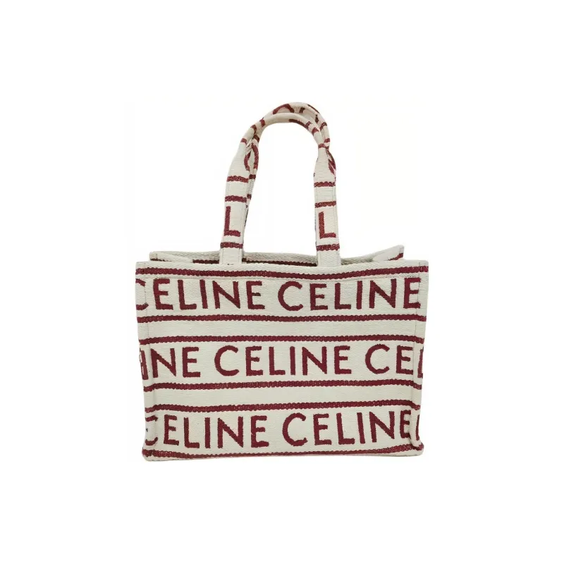 CELINE Cotton Tote Bag Shopping Bag Handbag Shoulder Bag Large Size Women's Red & Beige-0