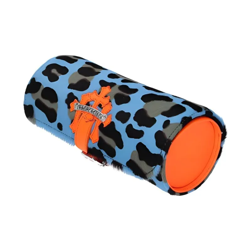 Chrome Hearts Calf Hair Patchwork Leather Watch Box Jewelry Box Storage Bag Unisex Leopard Blue Multicolor With Orange-2