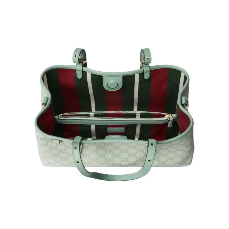 GUCCI GG Emblem Leather Tote Bag, Shopping Bag, Shoulder Bag, Crossbody Bag, Handbag Trumpets Women's Gray Green-4
