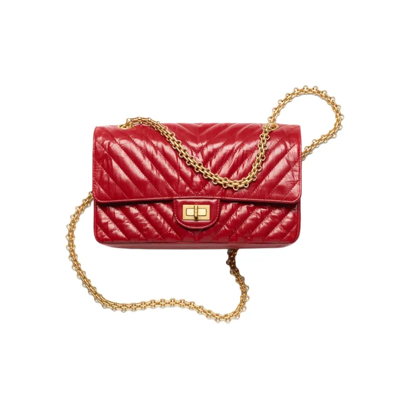 CHANEL 22K Fall Winter 2.55 Bright Pleated Calfskin Shoulder Bag, Crossbody Bag Women's Red-0