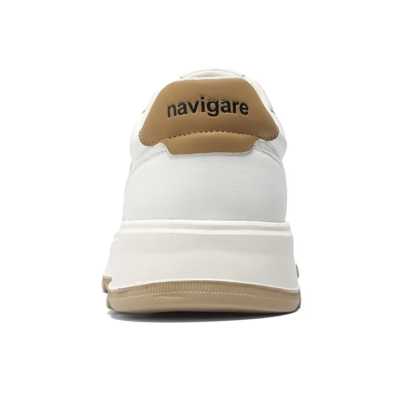 NAVIGARE Small Sailboats Lightweight Height Increasing Low-Top Casual Shoes Men's White Apricot-4