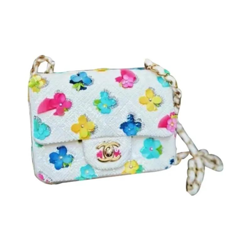 CHANEL Embroidered Silk Satin Sequins Flap Bag, Crossbody Bag, Shoulder Bag Mini Women's White-0