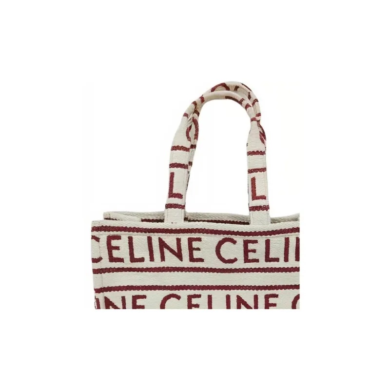 CELINE Cotton Tote Bag Shopping Bag Handbag Shoulder Bag Large Size Women's Red & Beige-2
