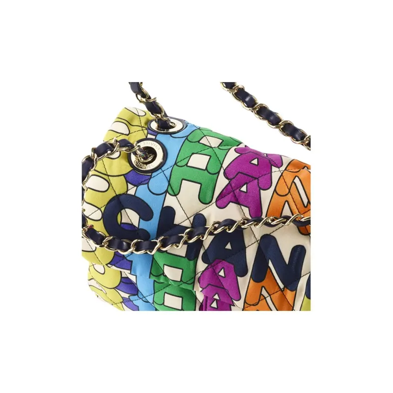 CHANEL 21K Winter Gold Metal Printed Fabric Flap Bag, Handbag, Shoulder Bag, Crossbody Bag Women's Multicolor-3