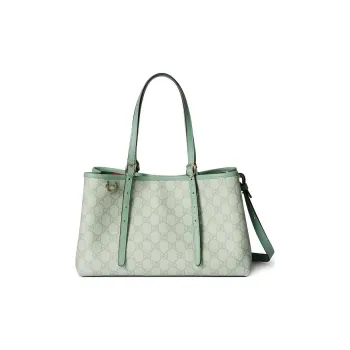 GUCCI GG Emblem Leather Tote Bag, Shopping Bag, Shoulder Bag, Crossbody Bag, Handbag Trumpets Women's Gray Green