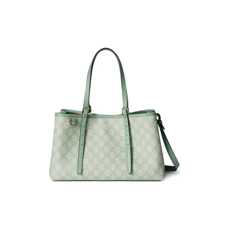 GUCCI GG Emblem Leather Tote Bag, Shopping Bag, Shoulder Bag, Crossbody Bag, Handbag Trumpets Women's Gray Green-0