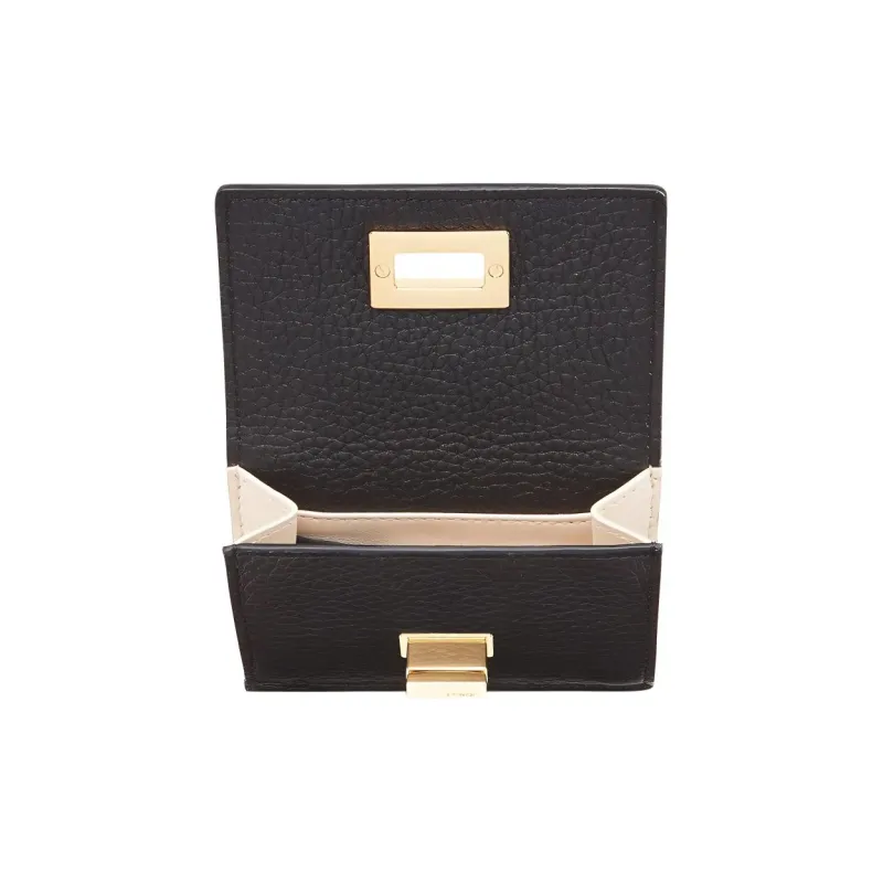 FENDI Litchi Grain Leather Cow Leather Sheepskin Tri-Fold Cropped Wallet Card Holder With Money Clip Women's Black-2