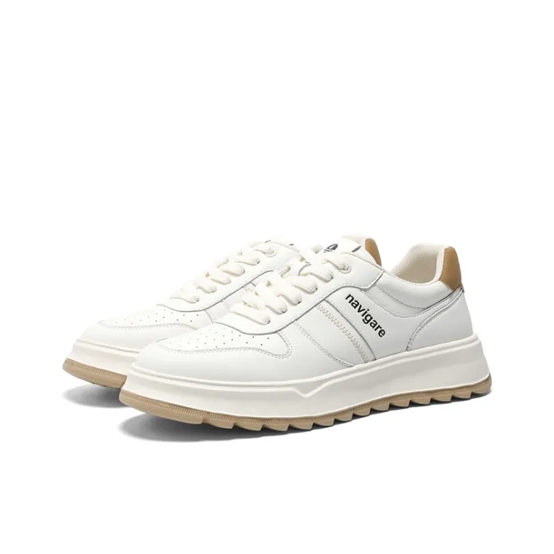 NAVIGARE Small Sailboats Lightweight Height Increasing Low-Top Casual Shoes Men's White Apricot-2