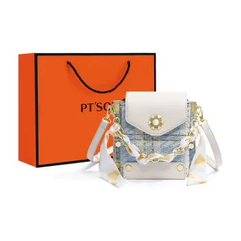 PT'SON Cow Leather With Fabric Chain Handbag, Underarm Shoulder Bag, Crossbody Bag Regular Women's Light Blue