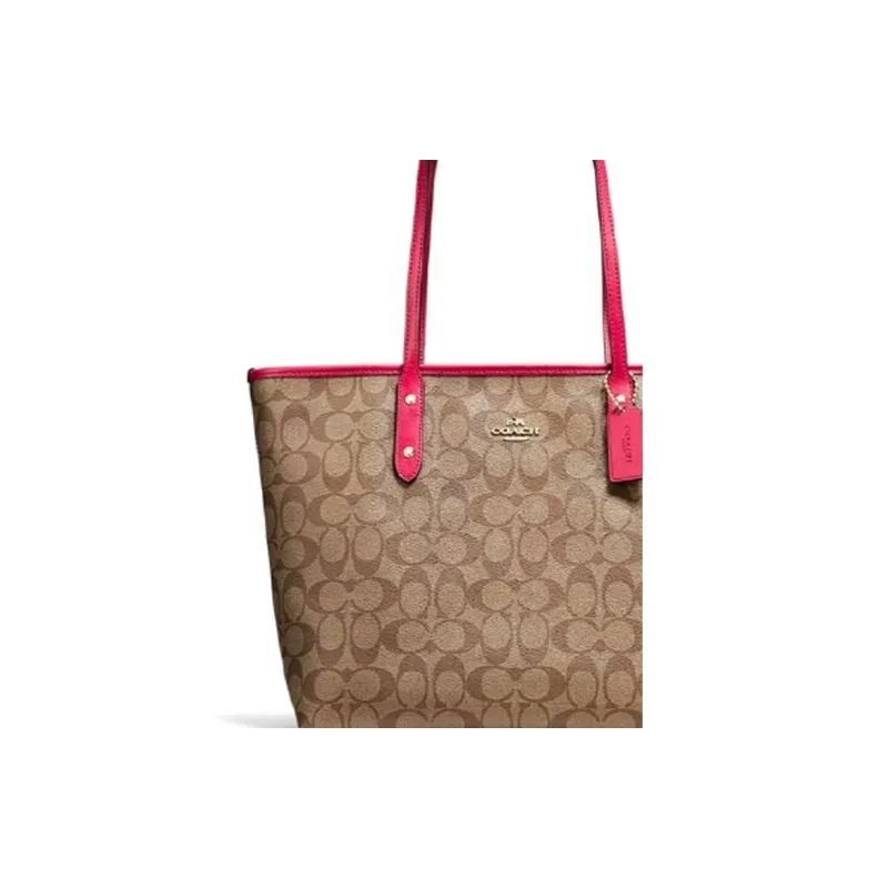 COACH City Zip Tote Canvas With Leather Handbag Tote Bag Shopping Bag Shoulder Bag Women's Khaki Monogram-4
