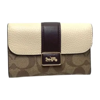 COACH Grace Canvas With Leather Clutches Wallets Mini Women's Light Khaki & Chalk