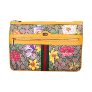 GUCCI Ophidia Canvas With Leather Clutch Large Size Women's Ebony & Yellow & Multicolor