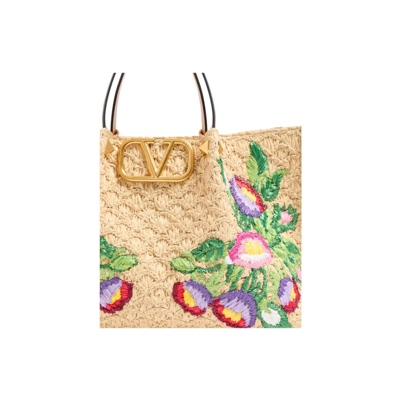 Valentino Embroidery Tote Bag Shopping Bag Shoulder Bag Handbag Medium Size Women's Beige-5