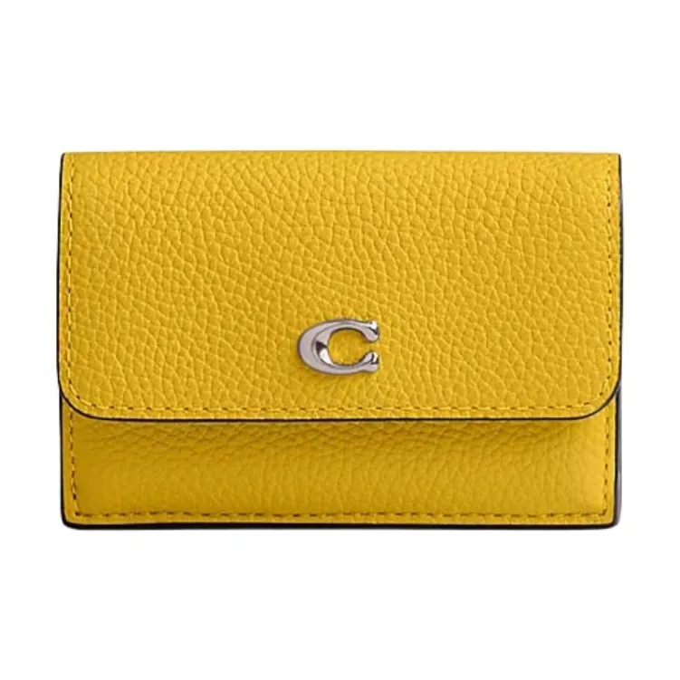 COACH Trifold Wallet Polished Pebbled Leather Wallet Mini Women's Yellow-0