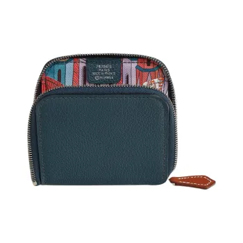 HERMES Silk'In Evercolor Calfskin Coin Purse Women's Prussian Blue & Orange