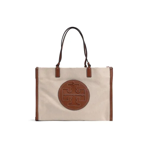 TORY BURCH Ella Canvas With Leather Tote Bag Shopping Bag Handbag Shoulder Bag Women's Classic Original Brown