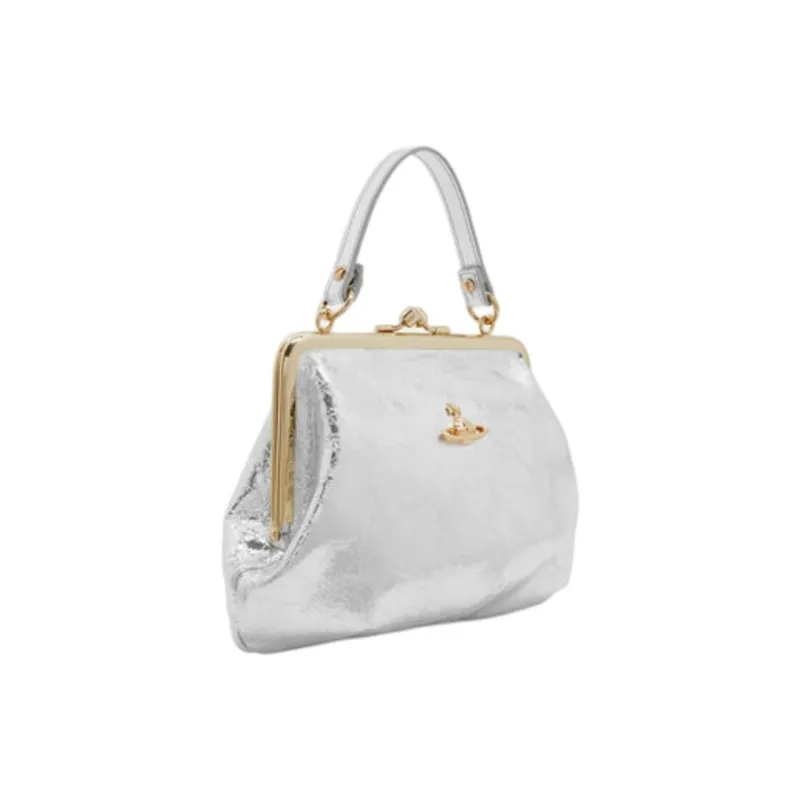 Vivienne Westwood Granny Frame Leather One Shoulder Handbags Women's Silver-2