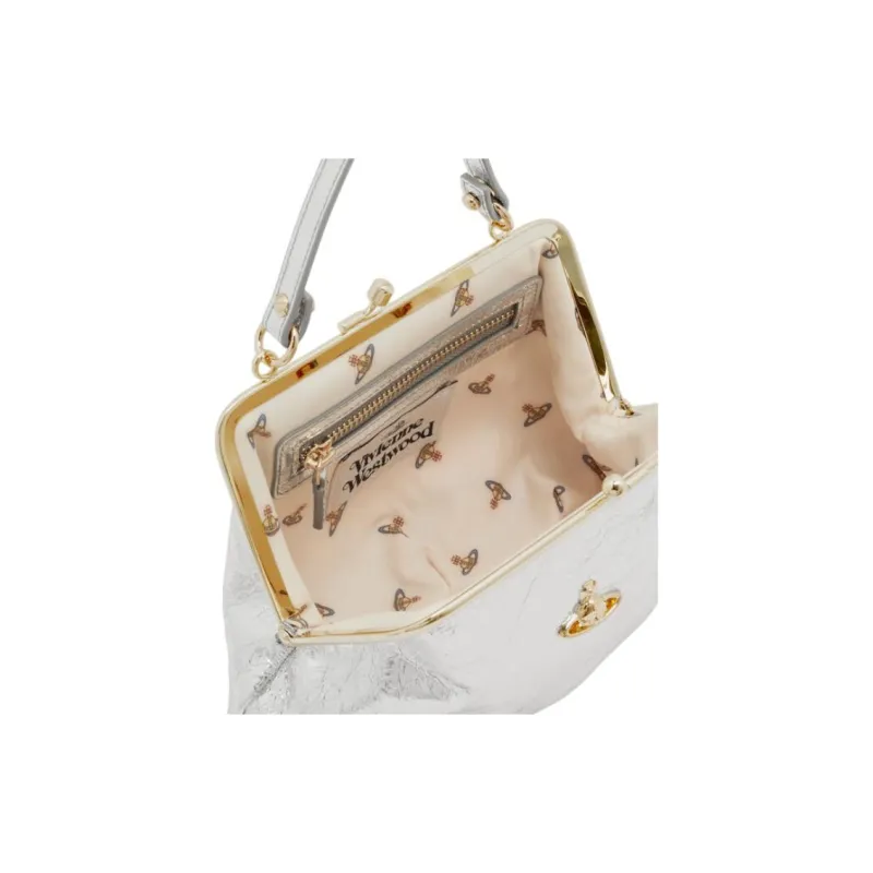Vivienne Westwood Granny Frame Leather One Shoulder Handbags Women's Silver-3