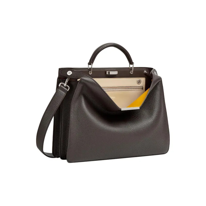 FENDI Peekaboo ISeeU Leather Shoulder Bag Crossbody Bag Handbag Medium Size Men's Brown-2
