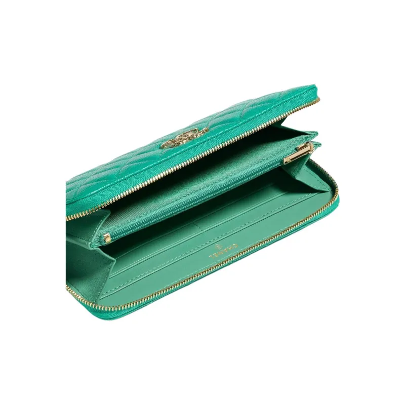 CHANEL Caviar Cow Leather Wallet Women's Green-3