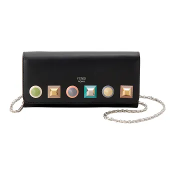 FENDI Cow Leather Chain Wallet Crossbody Bag Shoulder Bag Small Size Women's Black