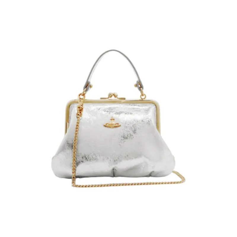 Vivienne Westwood Granny Frame Leather One Shoulder Handbags Women's Silver-1
