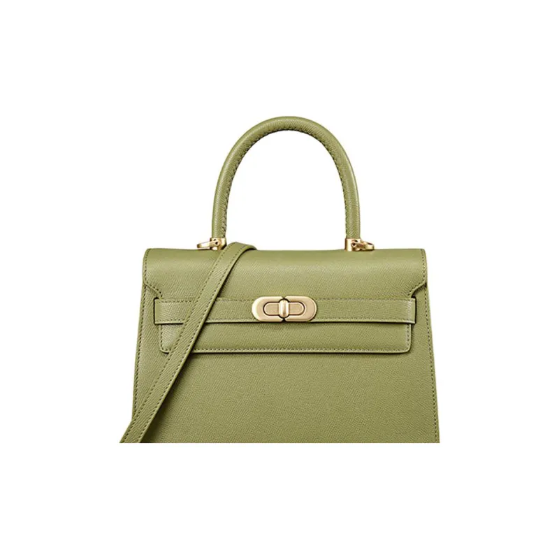 DISSONA Cow Leather Kelly Bag Portable Crossbody Bag Shoulder Bag Large Size Women's Light Green-2