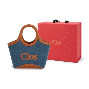 Clos Top Grain Cow Leather Patchwork Denim Color Blocking Commute Tote Shoulder Handbag Small Size Unisex Denim Blue
